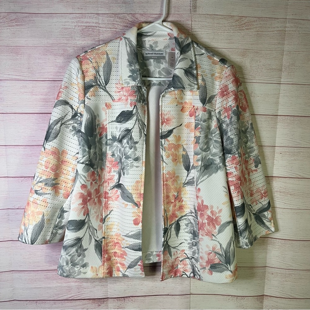 Alfred Dunner Open Front Pink Peach Gray White Blazer Jacket Size 16P